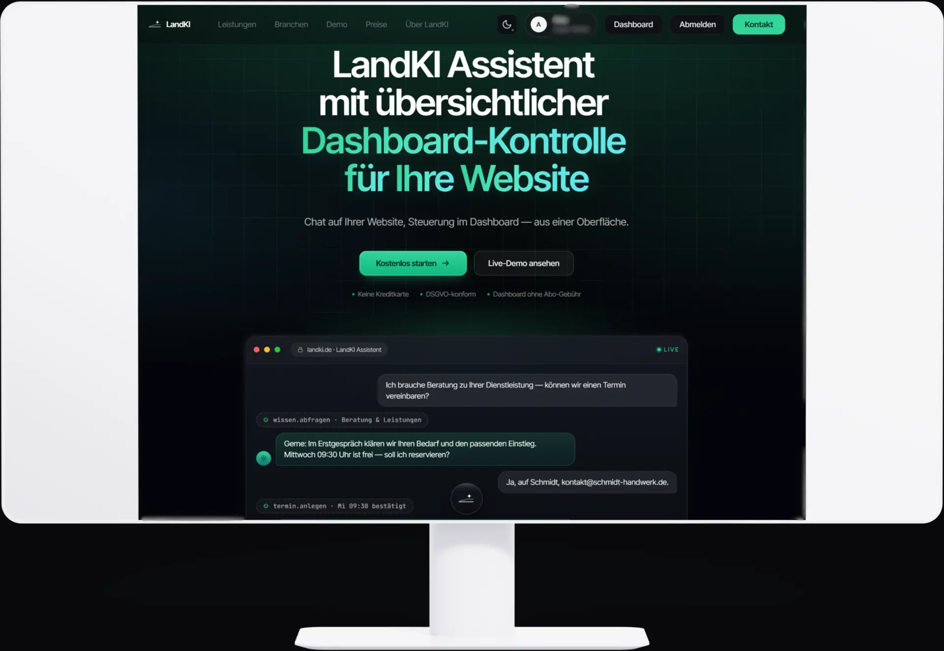 LandKI Startseite mit integriertem Chat-Assistenten auf dem Desktop
